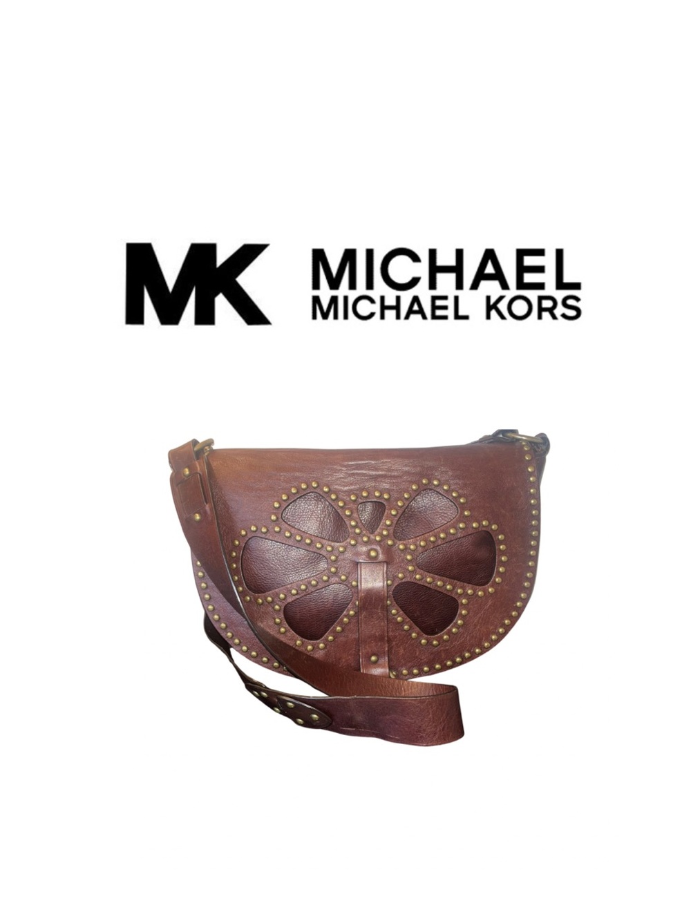 Michael  Michael Kors Brown Leather Floral Cutout Studded Crossbody